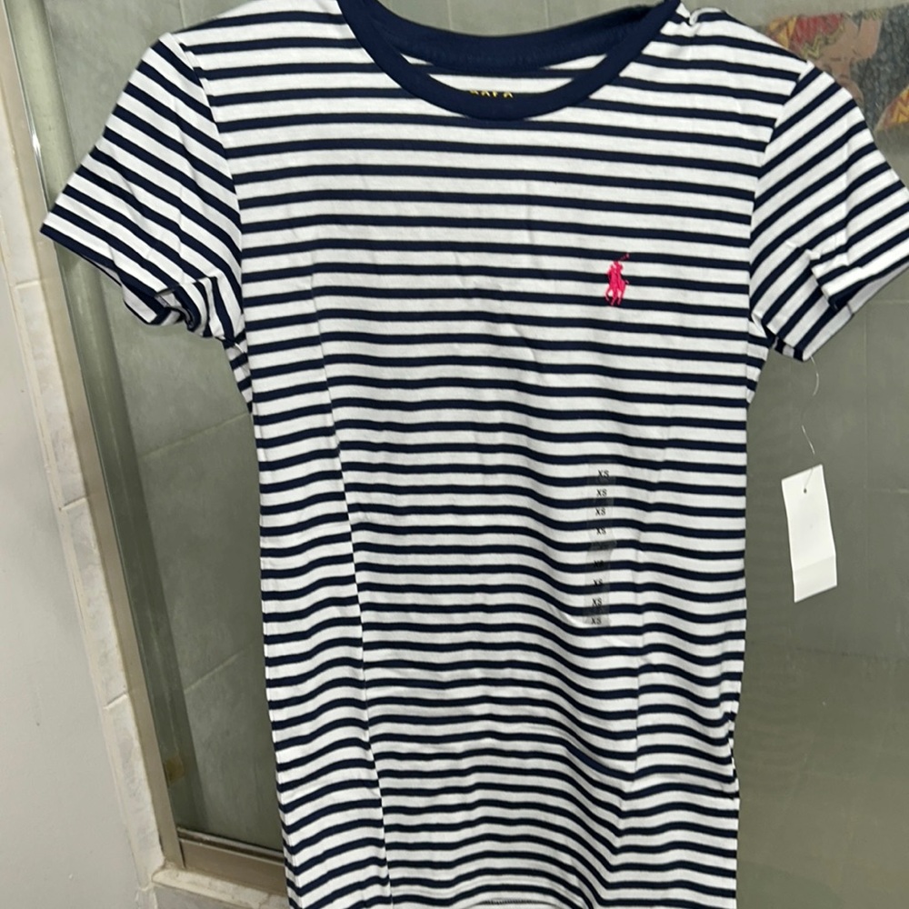 Polo XS navy blue and white stripe t-shirt , pink pony , woman’s t-shirt